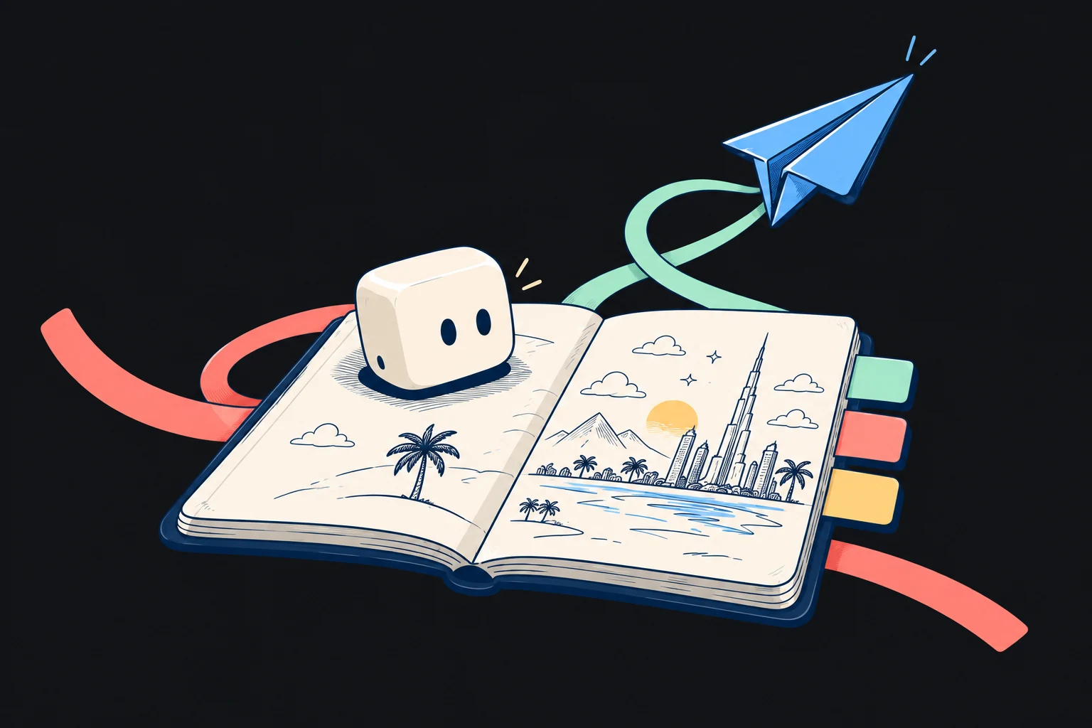 An illustrated notebook with the Dubai skyline, Burj Khalifa, palm trees and the Nemu character.